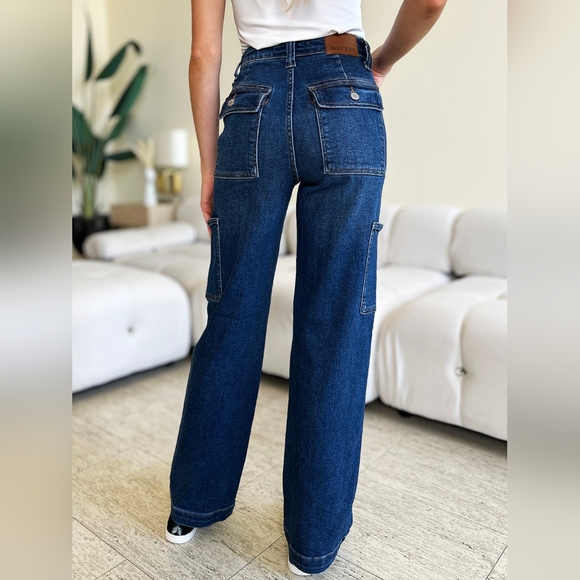 High-Rise Waist Cargo Pockets Denim Boyfriend Straight Leg Jean Pants Judy Blue - Picture 5 of 13